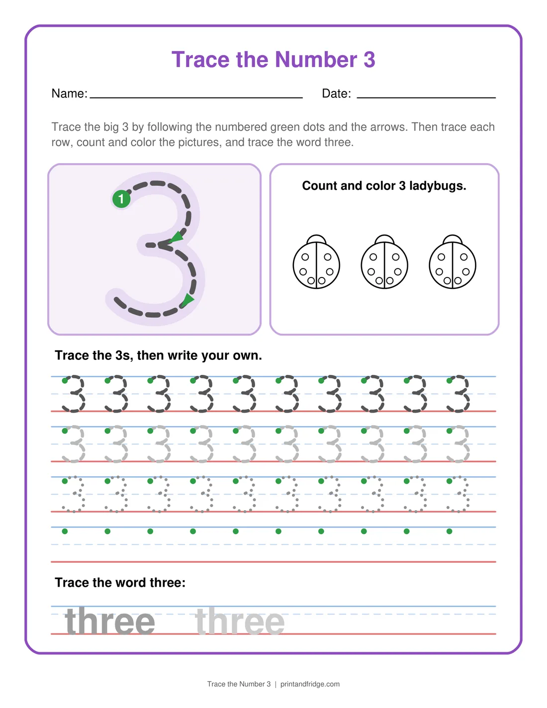 Trace the Number 3 printable worksheet