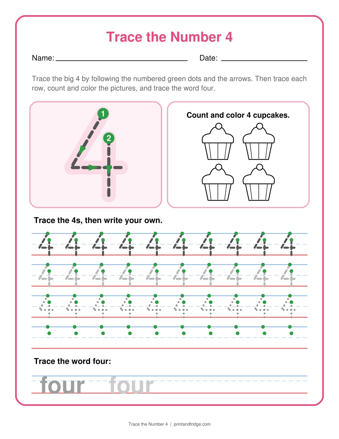 Trace the Number 4 printable worksheet
