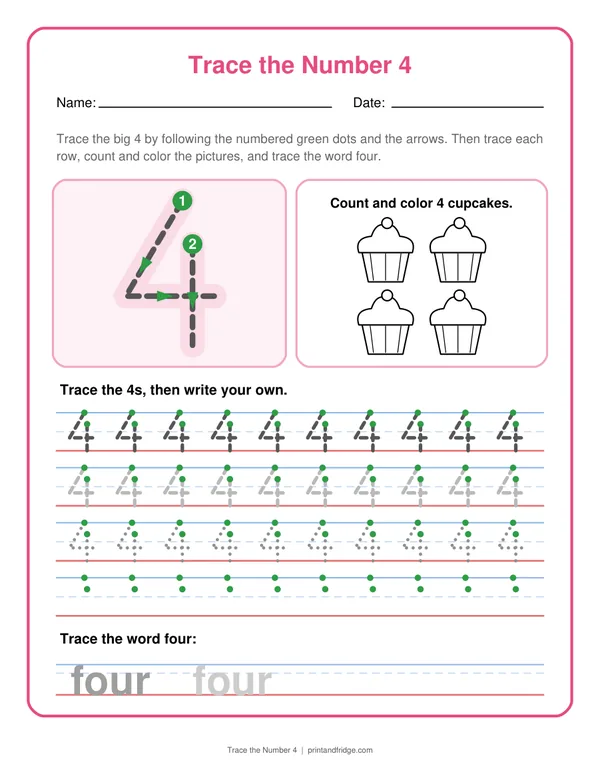 Trace the Number 4 printable worksheet