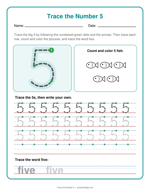 Trace the Number 5 printable worksheet