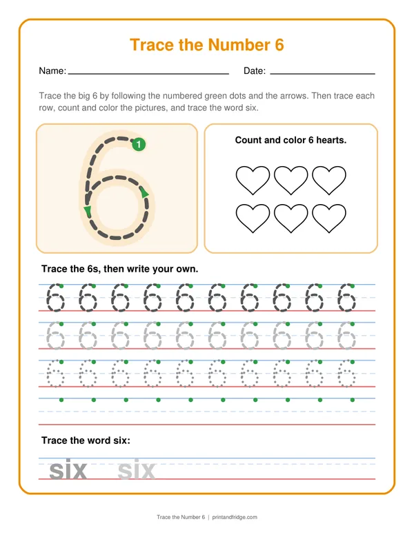 Trace the Number 6 printable worksheet