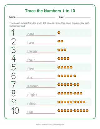 Trace the Numbers 1 to 10