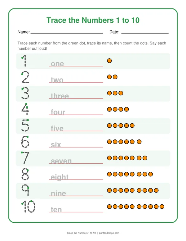 Trace the Numbers 1 to 10 printable worksheet