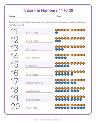 Trace the Numbers 11 to 20