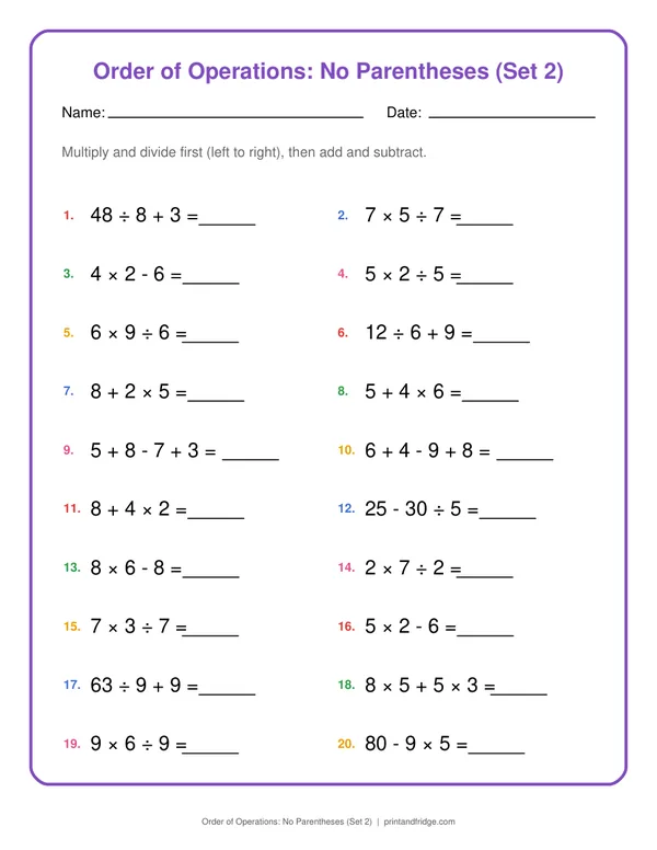 Order of Operations: No Parentheses (Set 2) printable worksheet