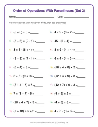 Order of Operations With Parentheses (Set 2)