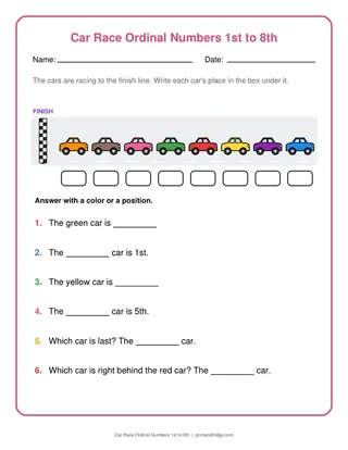 Car Race Ordinal Numbers 1st to 8th