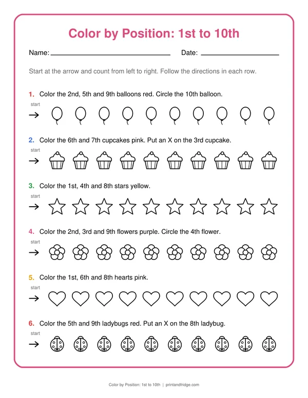 Color by Position: 1st to 10th printable worksheet