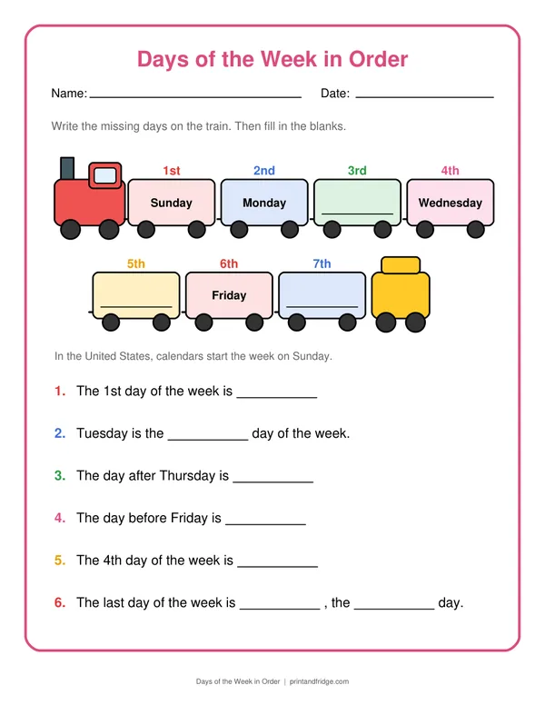 Days of the Week in Order printable worksheet