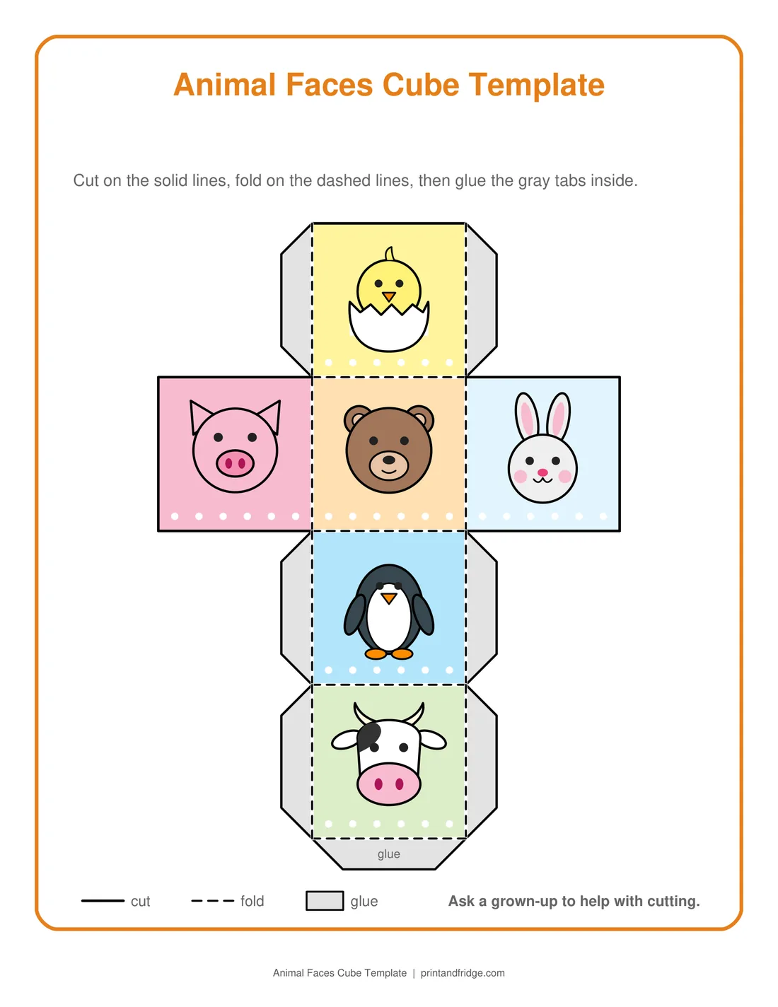 Animal Faces Cube Template printable activity