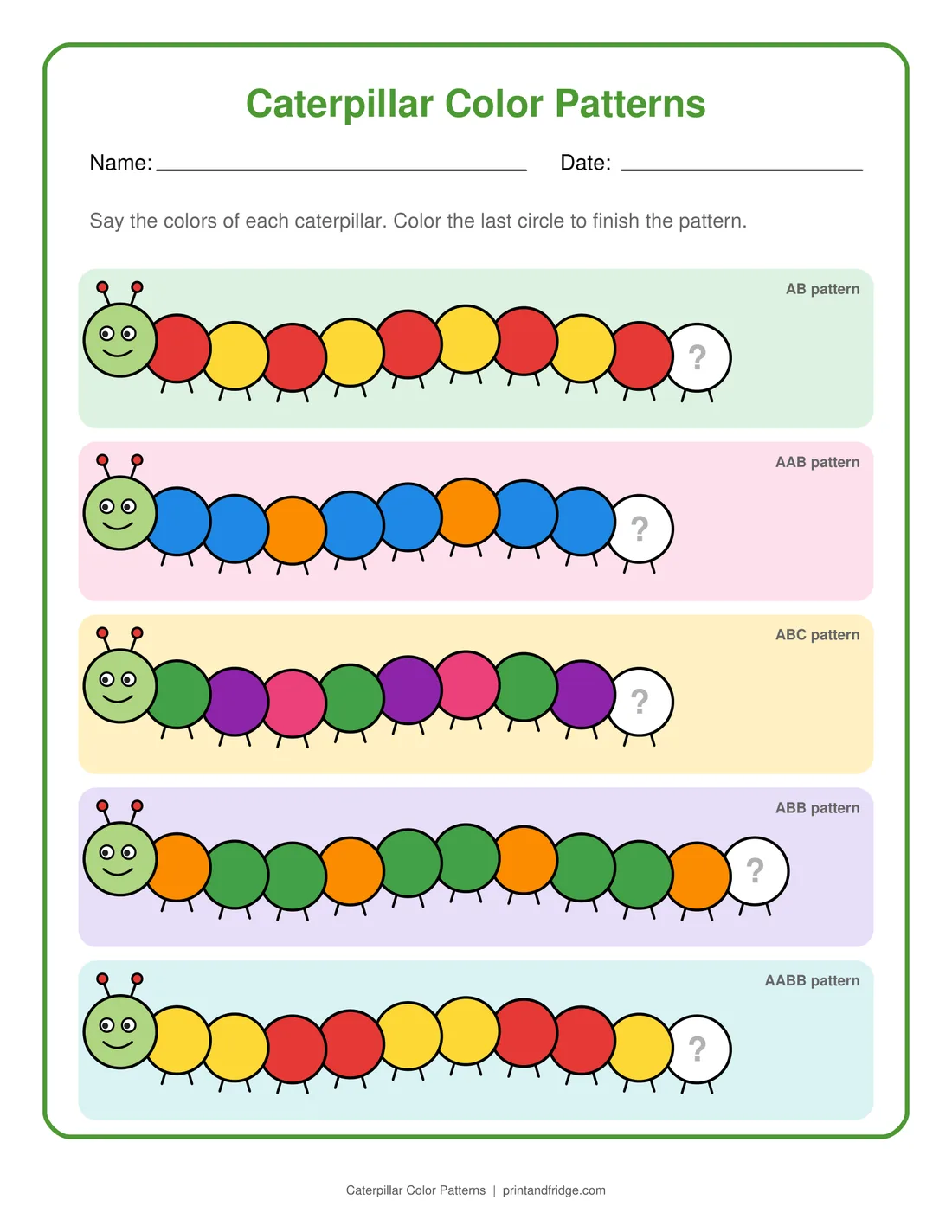 Caterpillar Color Patterns printable worksheet