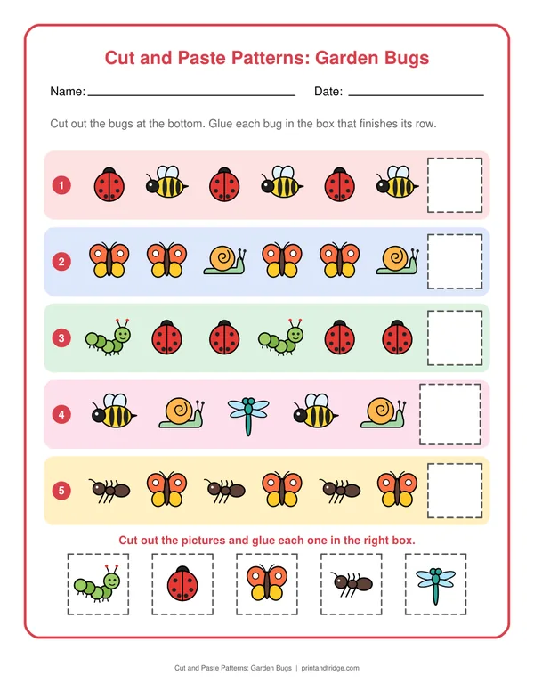 Cut and Paste Patterns: Garden Bugs printable worksheet
