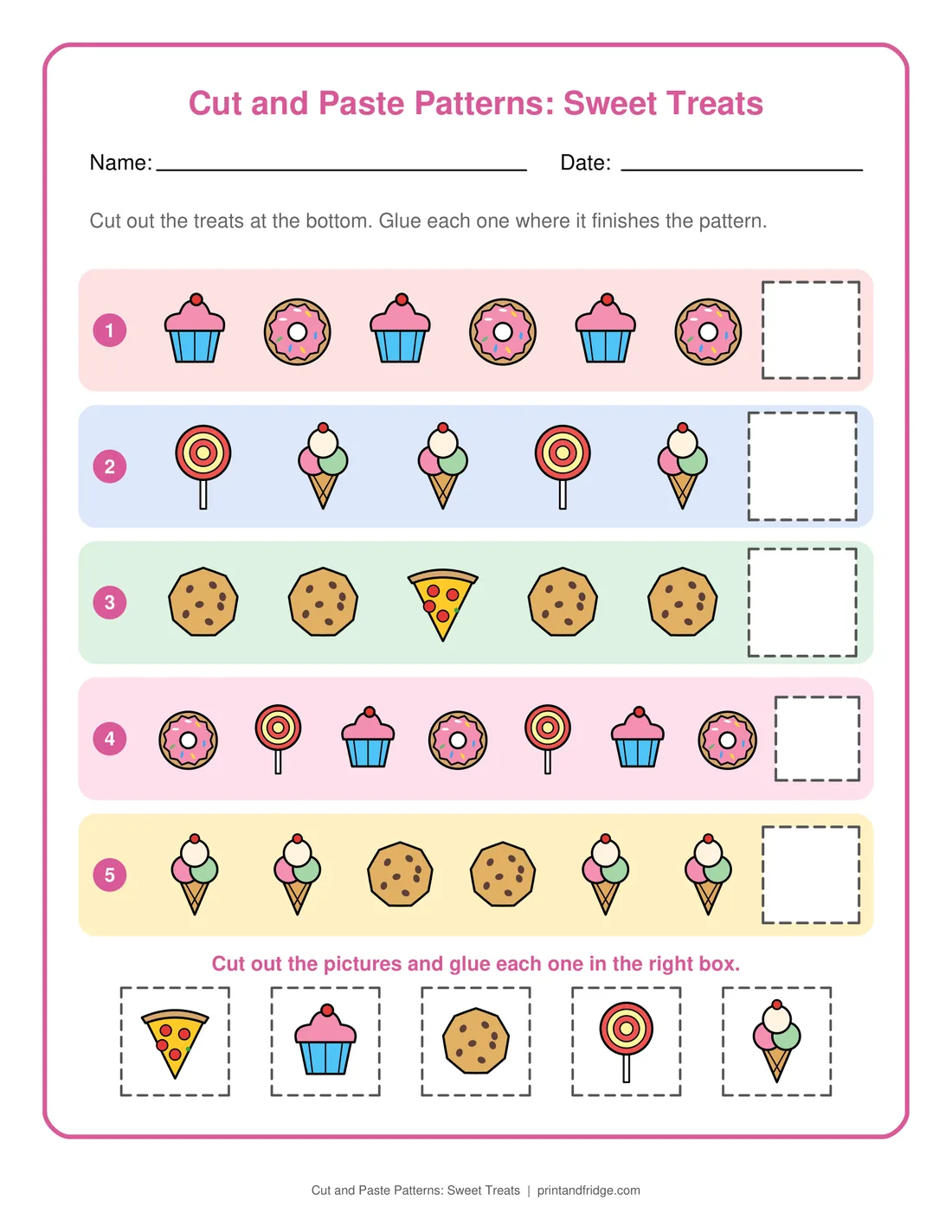 Cut and Paste Patterns: Sweet Treats printable worksheet
