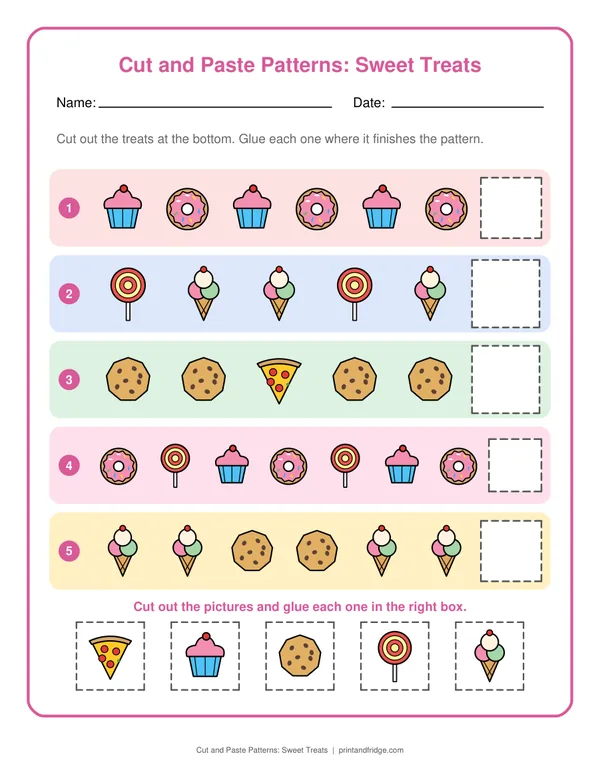 Cut and Paste Patterns: Sweet Treats printable worksheet