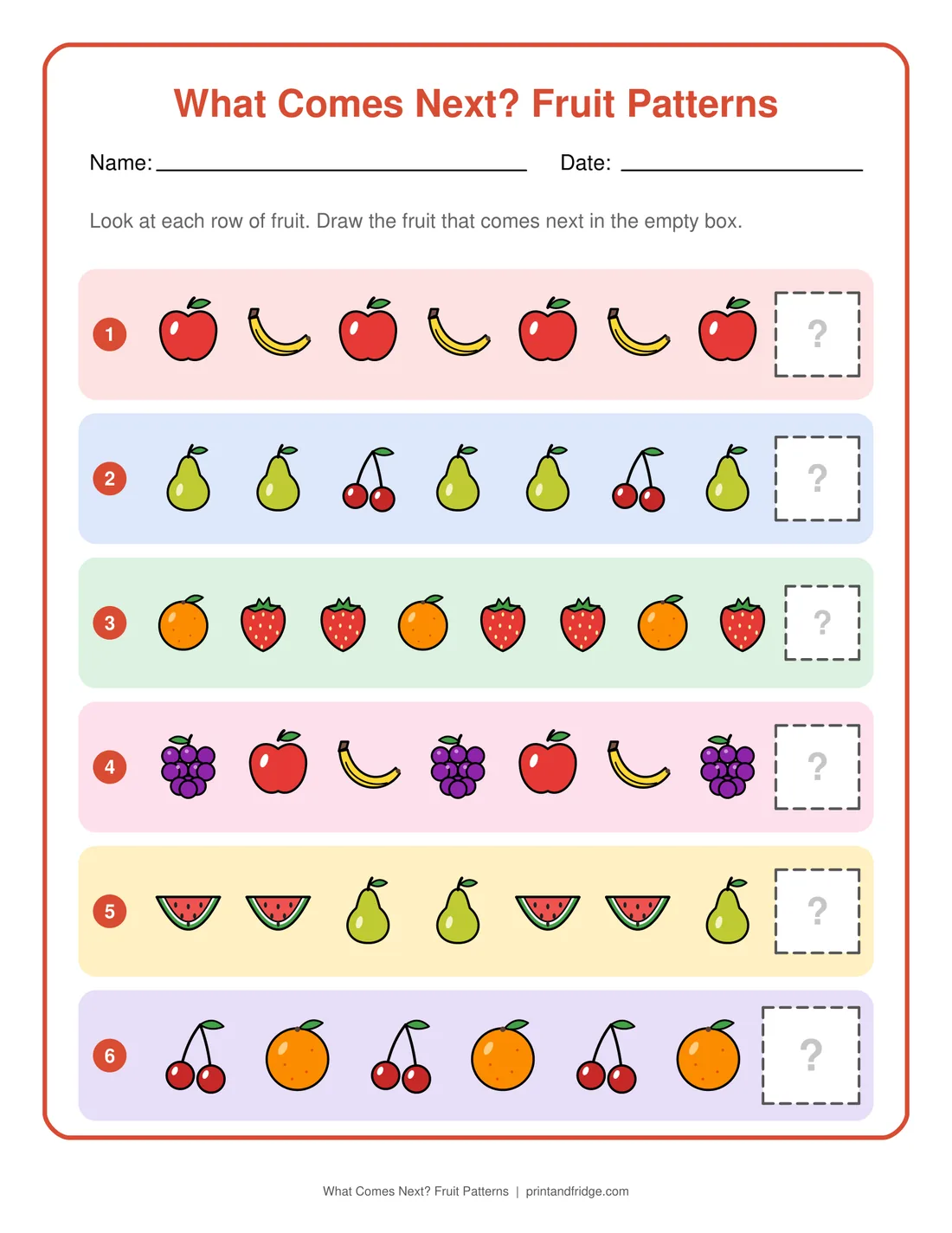 What Comes Next? Fruit Patterns printable worksheet