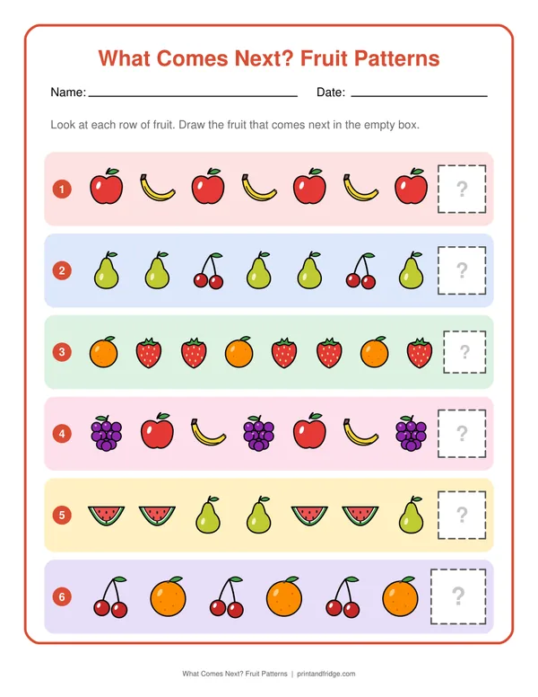 What Comes Next? Fruit Patterns printable worksheet