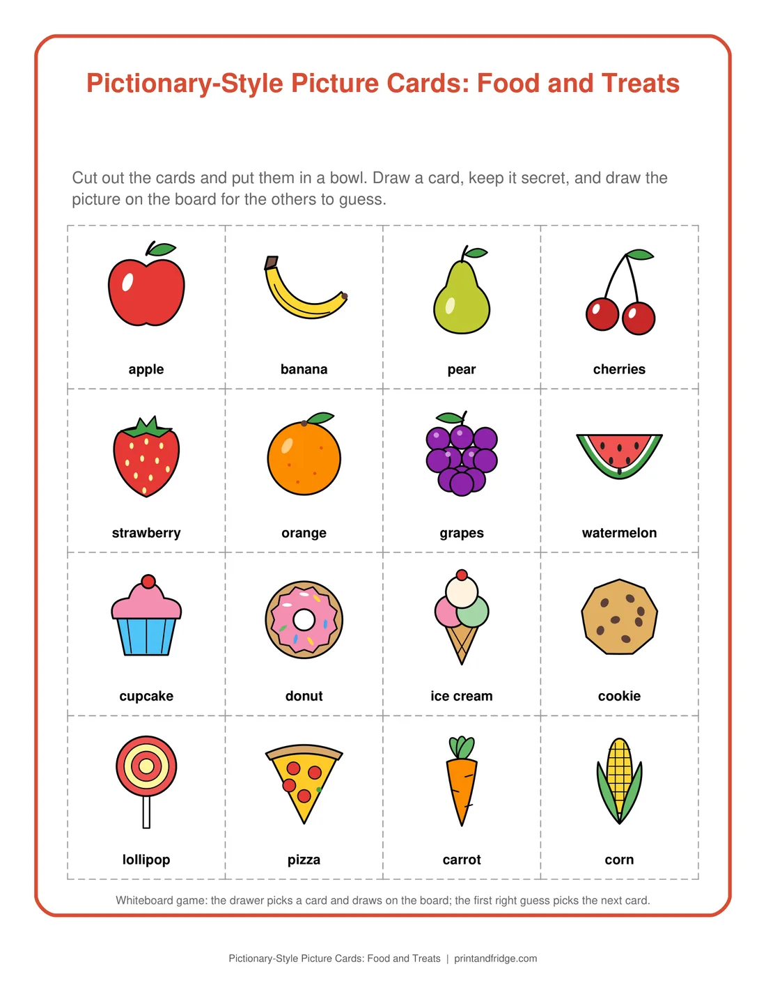 Pictionary-Style Picture Cards: Food and Treats printable game