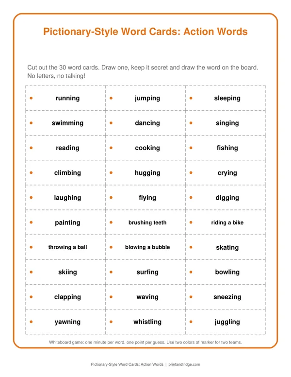 Pictionary-Style Word Cards: Action Words printable game