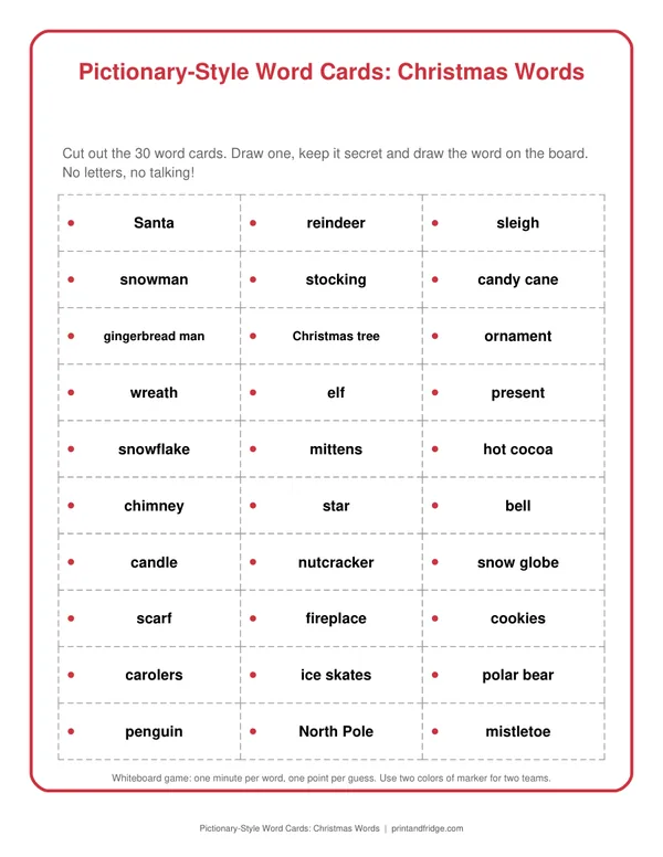 Pictionary-Style Word Cards: Christmas Words printable game