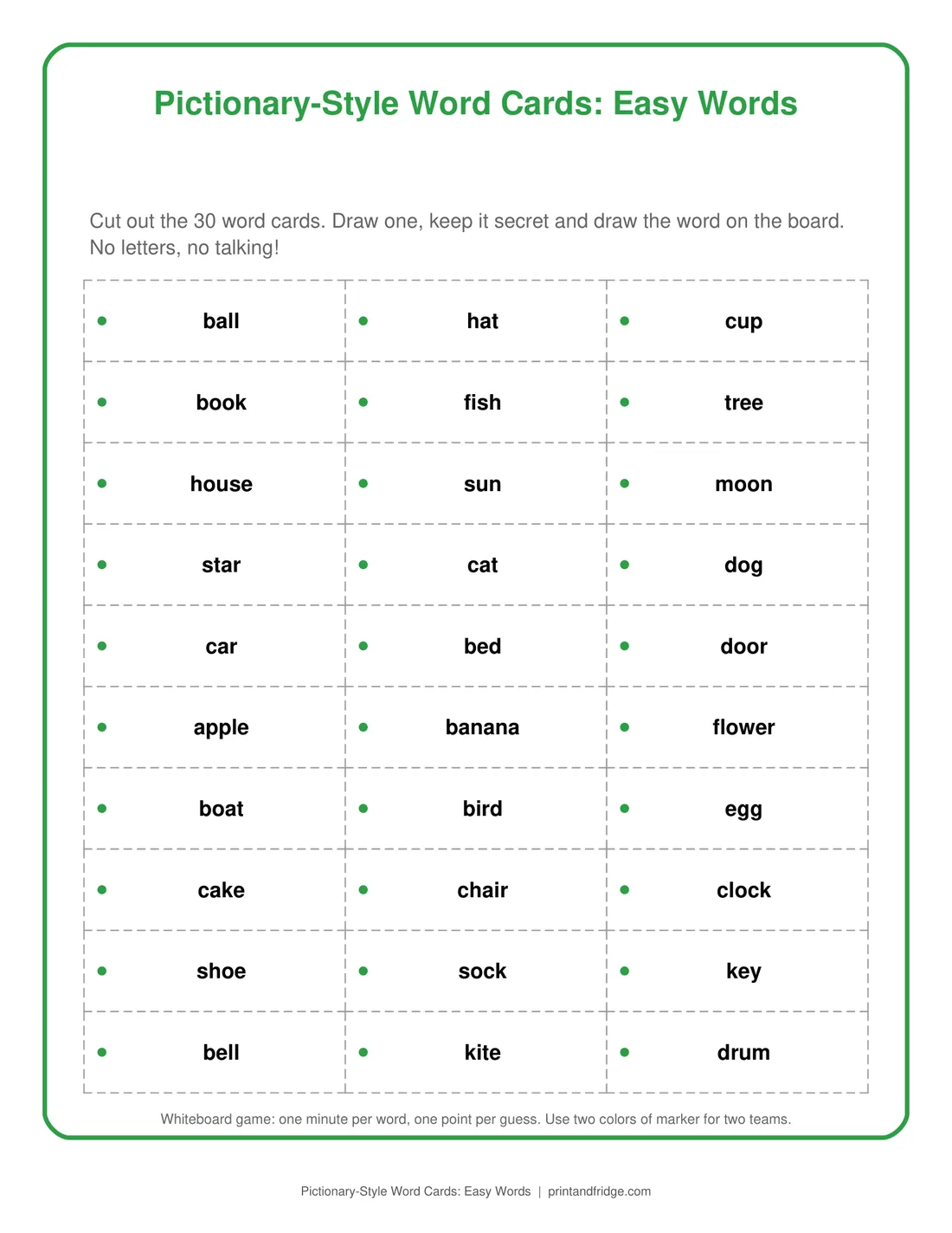 Pictionary-Style Word Cards: Easy Words printable game