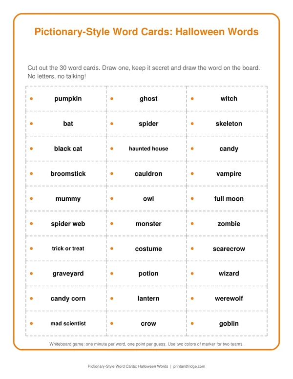 Pictionary-Style Word Cards: Halloween Words printable game