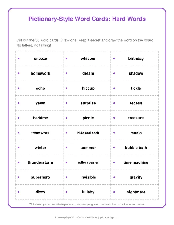 Pictionary-Style Word Cards: Hard Words printable game