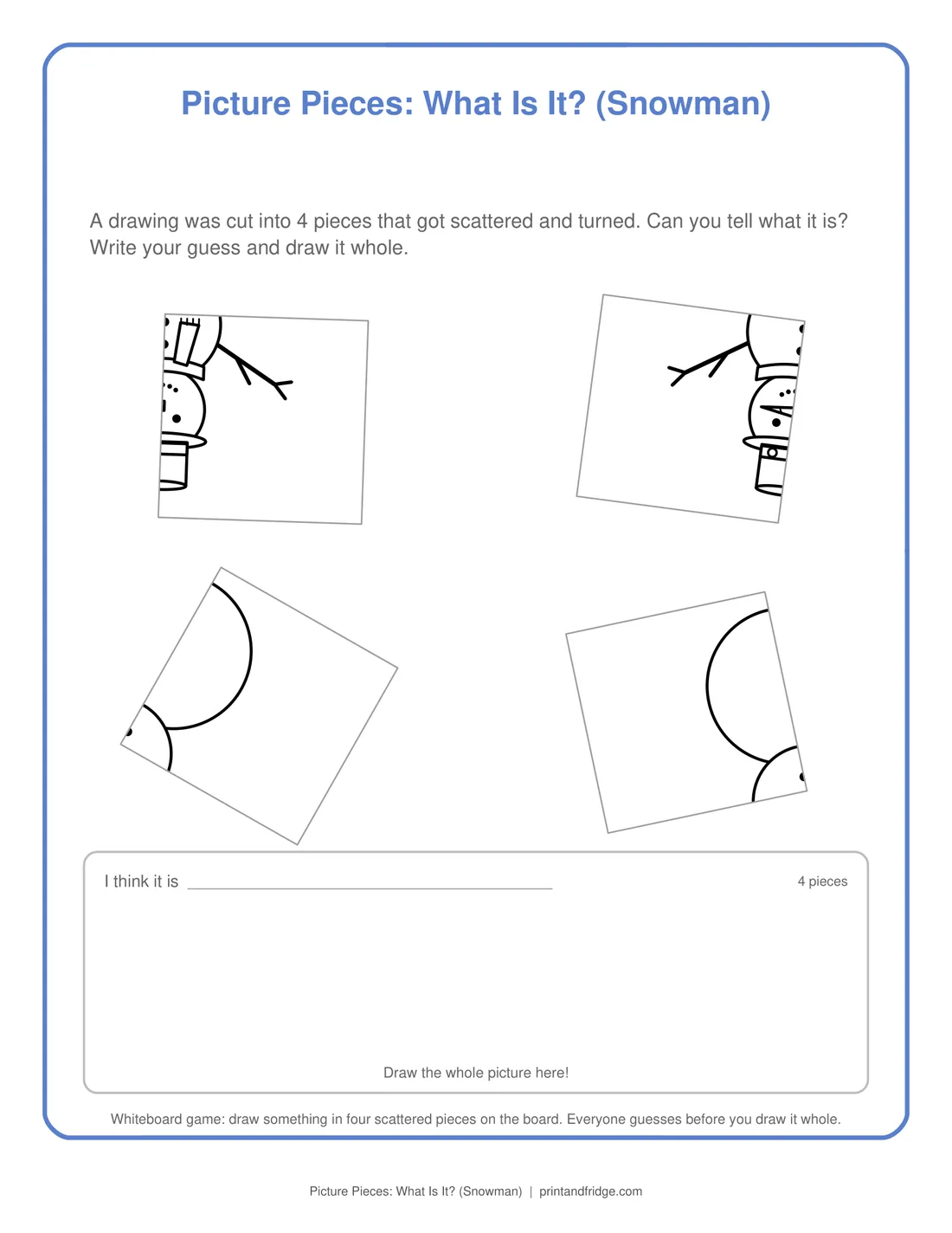 Picture Pieces: What Is It? (Snowman) printable game