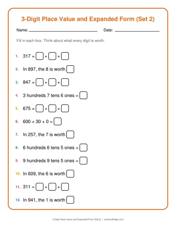 3-Digit Place Value and Expanded Form (Set 2) printable worksheet