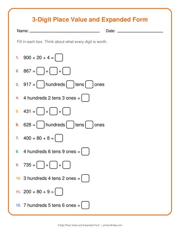 3-Digit Place Value and Expanded Form printable worksheet