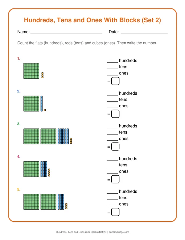 Hundreds, Tens and Ones With Blocks (Set 2) printable worksheet