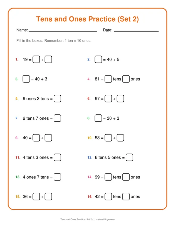 Tens and Ones Practice (Set 2) printable worksheet