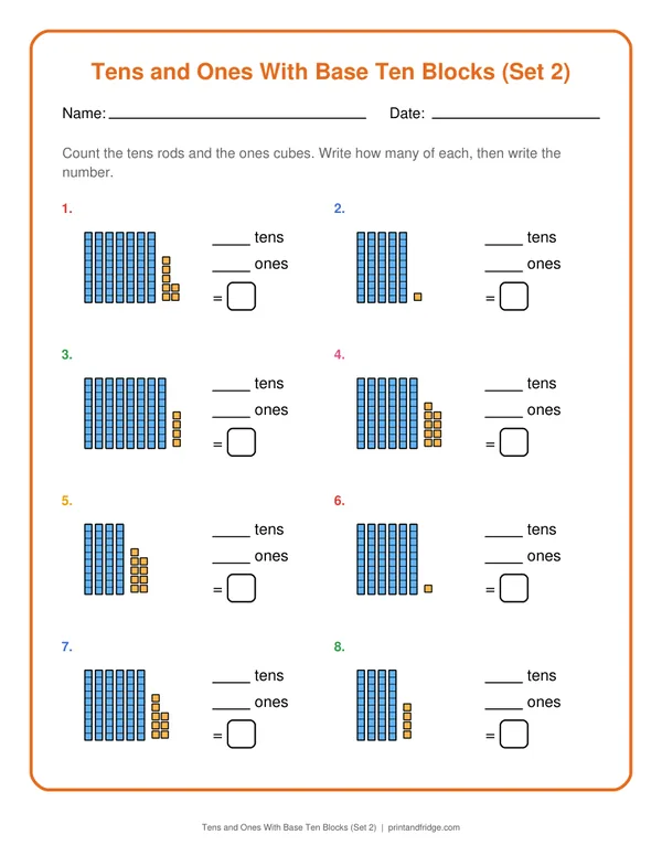 Tens and Ones With Base Ten Blocks (Set 2) printable worksheet