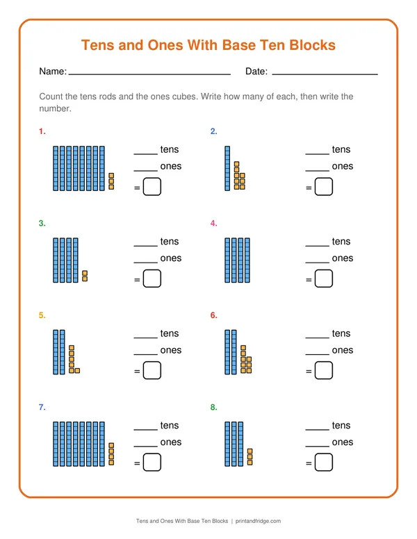 Tens and Ones With Base Ten Blocks printable worksheet