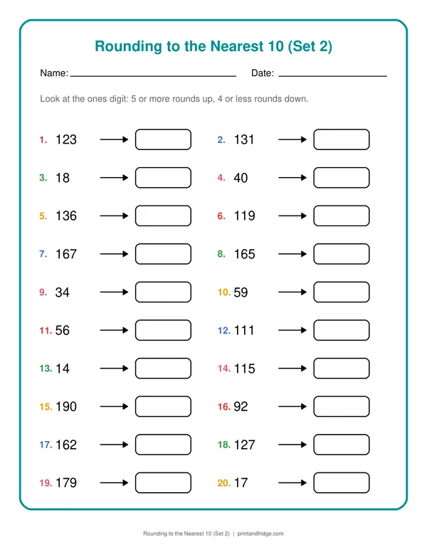 Rounding to the Nearest 10 (Set 2) printable worksheet