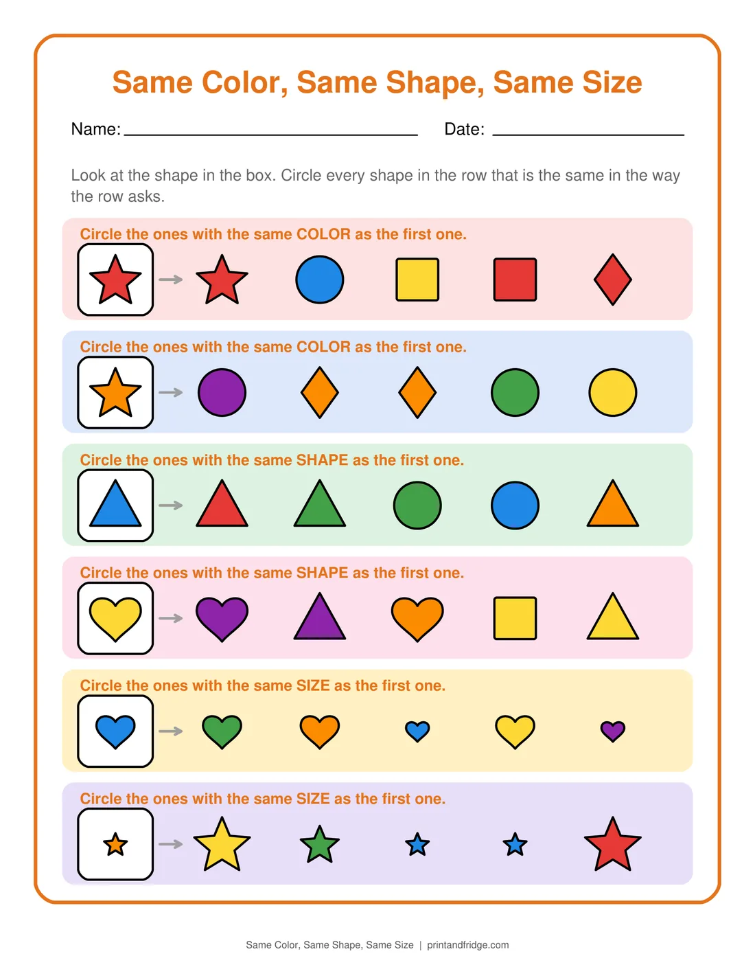 Same Color, Same Shape, Same Size printable worksheet