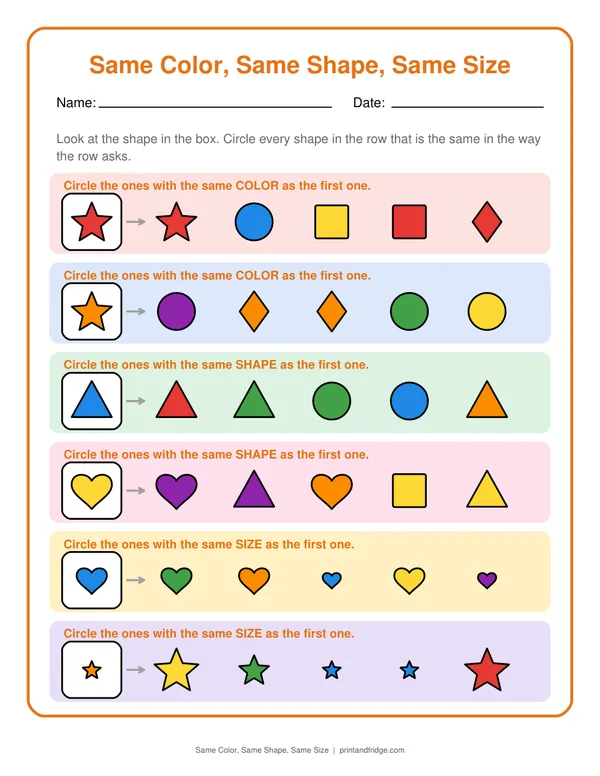 Same Color, Same Shape, Same Size printable worksheet