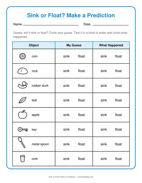 Sink or Float? Make a Prediction printable worksheet