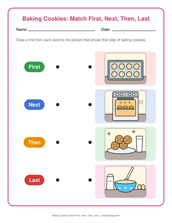 Baking Cookies: Match First, Next, Then, Last printable worksheet