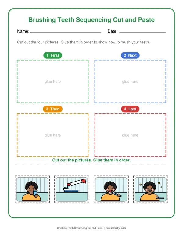 Brushing Teeth Sequencing Cut and Paste printable worksheet