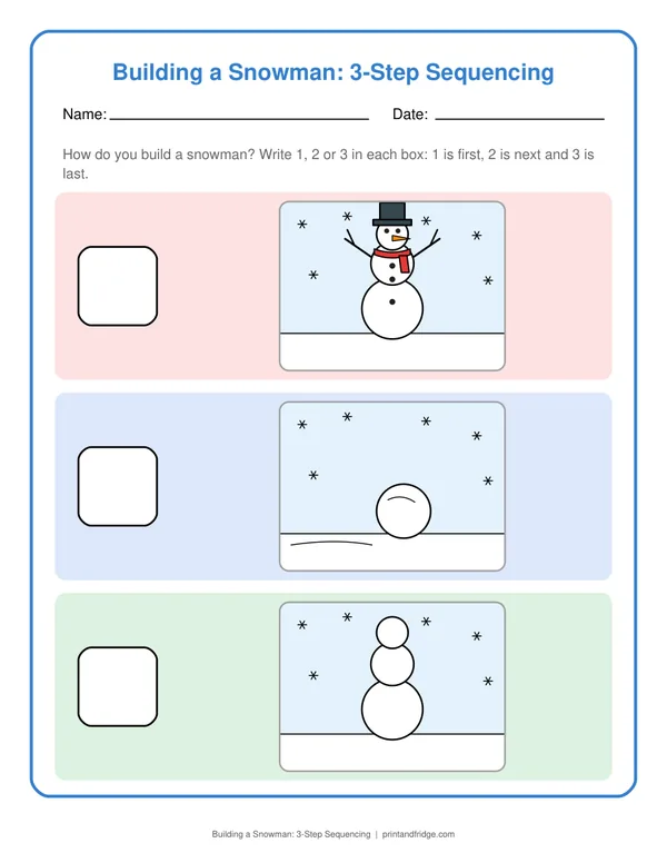 Building a Snowman: 3-Step Sequencing printable worksheet