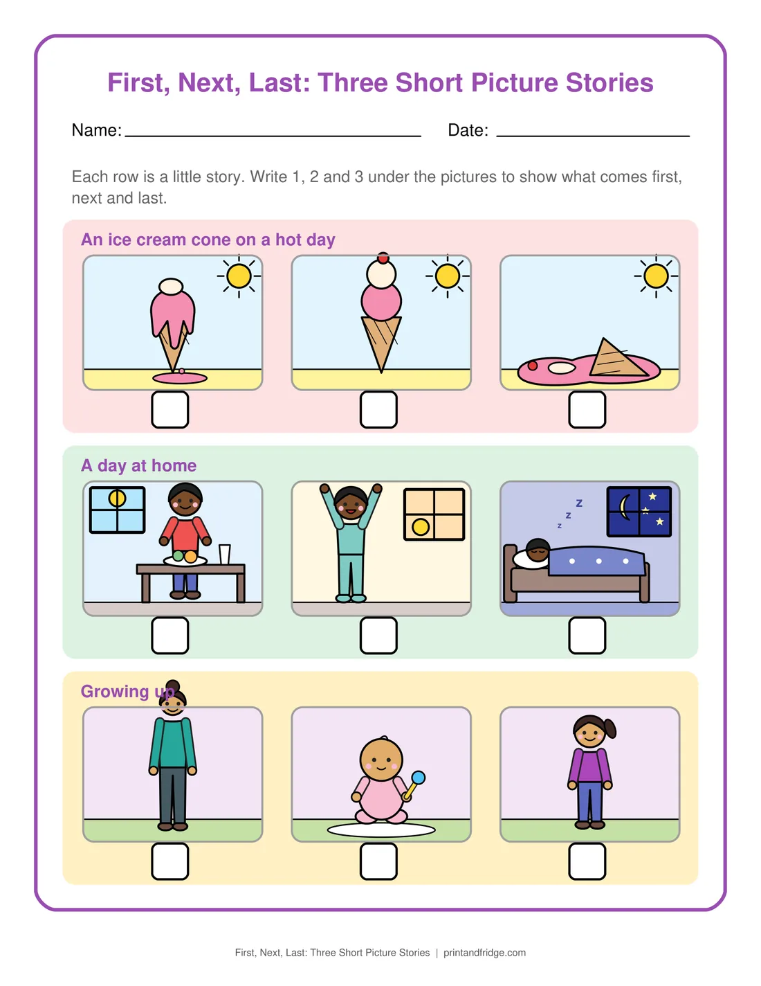 First, Next, Last: Three Short Picture Stories printable worksheet