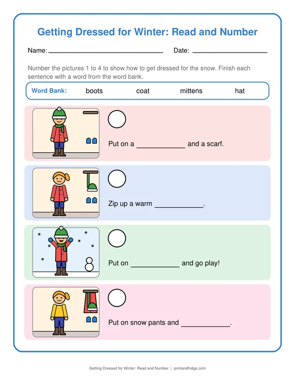 Getting Dressed for Winter: Read and Number printable worksheet