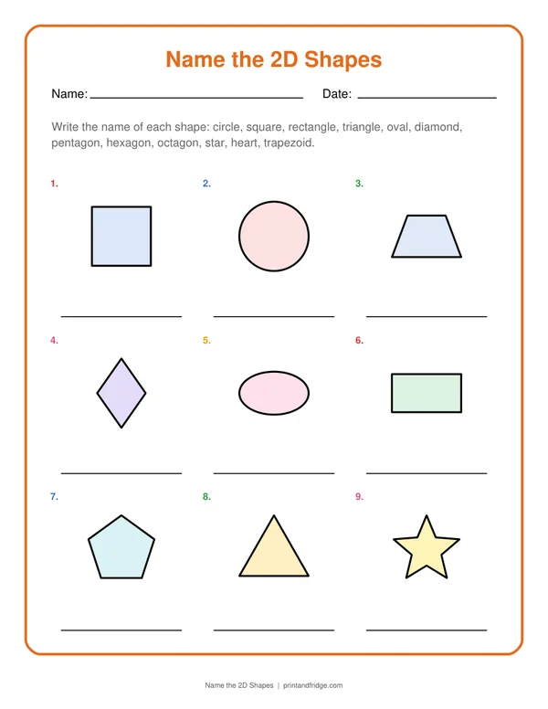 Name the 2D Shapes printable worksheet