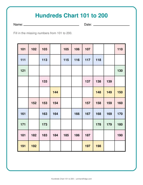 Hundreds Chart 101 to 200 printable worksheet