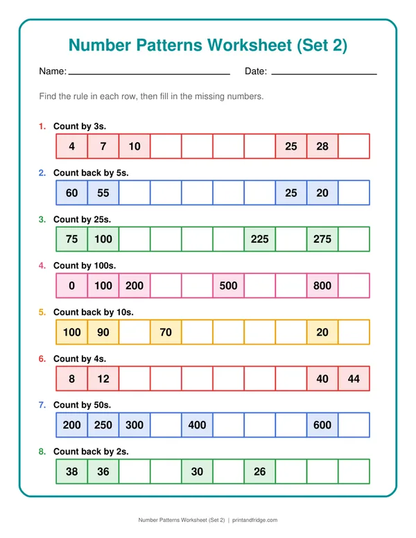 Number Patterns Worksheet (Set 2) printable worksheet