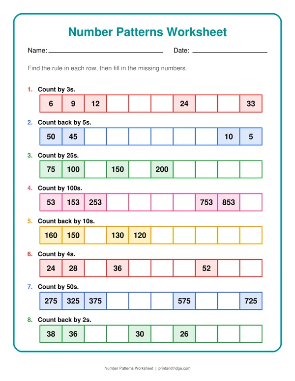 Number Patterns Worksheet printable worksheet
