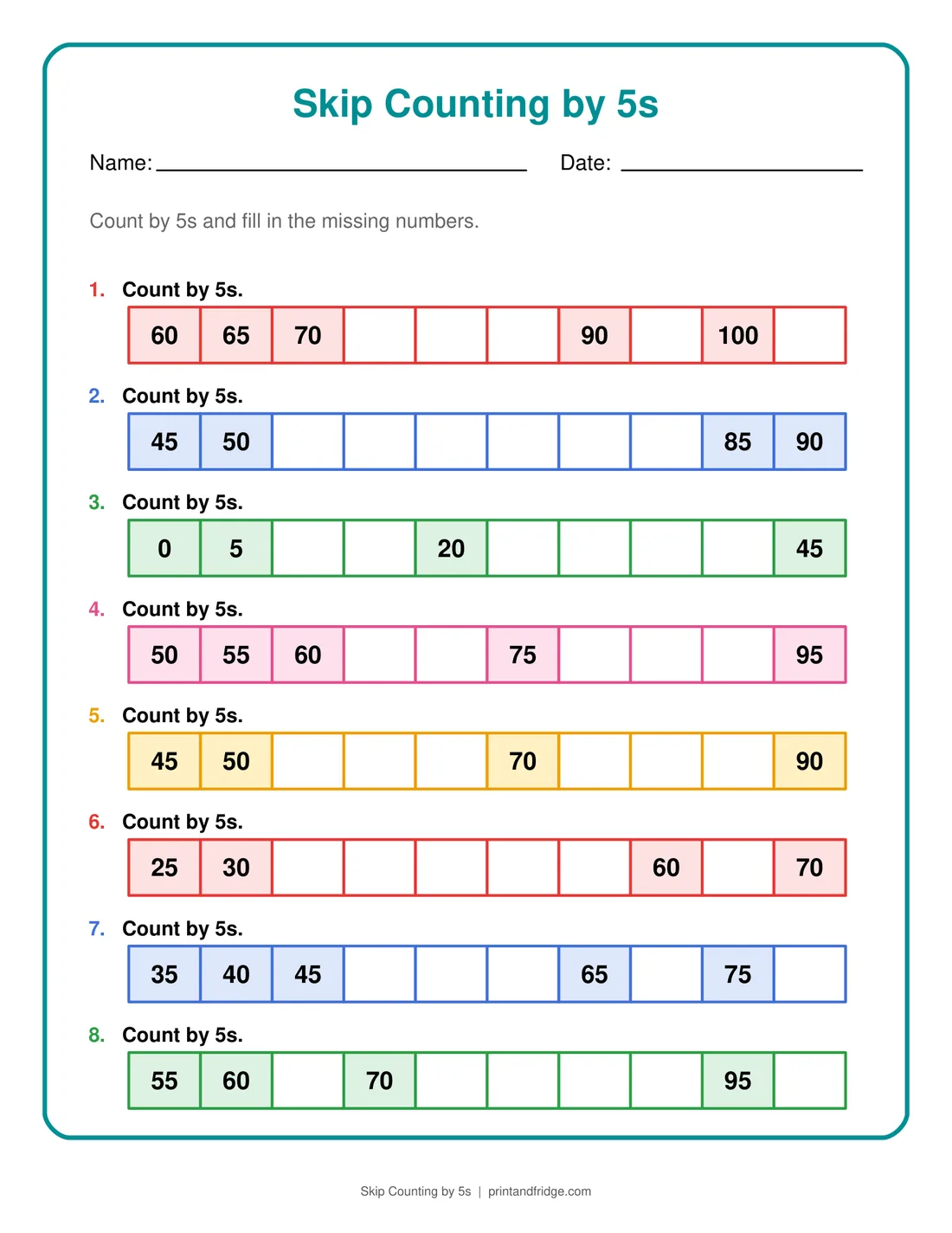 Skip Counting by 5s printable worksheet