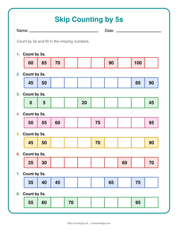 Skip Counting by 5s printable worksheet