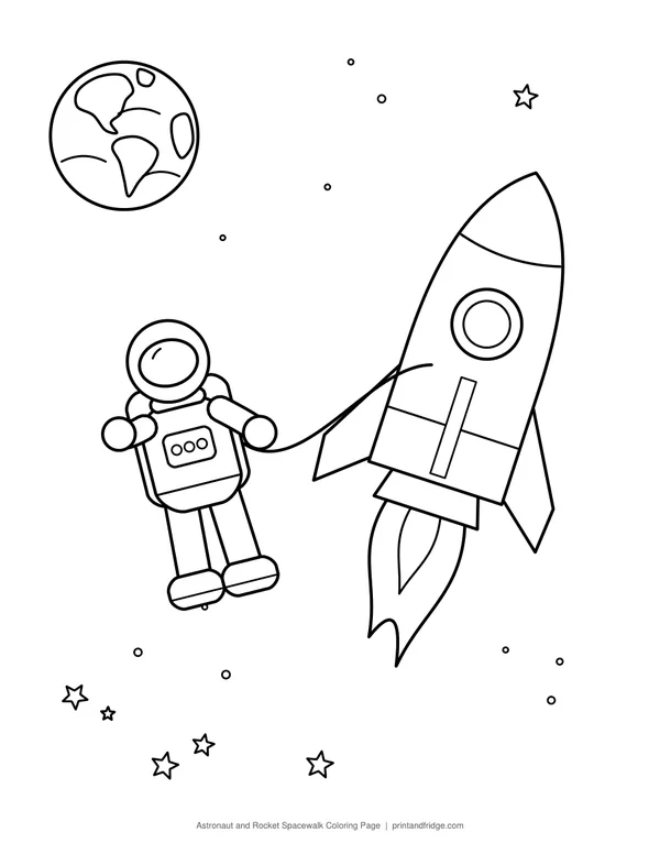 Astronaut and Rocket Spacewalk Coloring Page printable coloring page