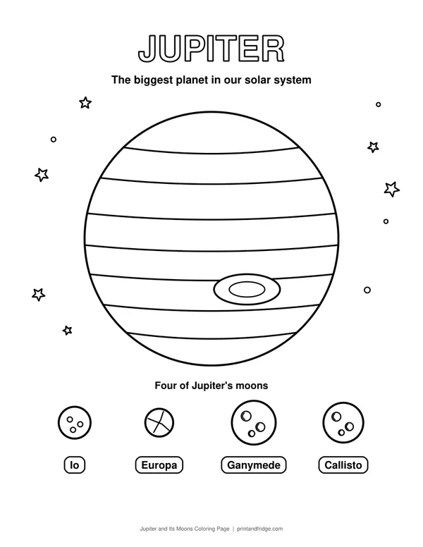 Jupiter and Its Moons Coloring Page printable coloring page